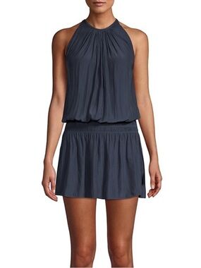Ramy Brook Paris Navy Pleated Sleeveless Dress Smocked Waist Pockets NWT XL